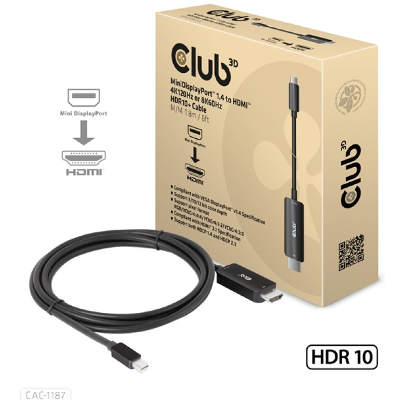 Club 3D Átalakító - CAC-1187 (Mini DisplayPort 1.4 to HDMI 4K120Hz / 8K60Hz HDR10+