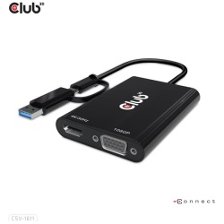 Club 3D Átalakító - CSV-1611(USB-C (USB-A Adapterrel) to Dual HDMI (4K/30Hz) / VGA (1080/60Hz))